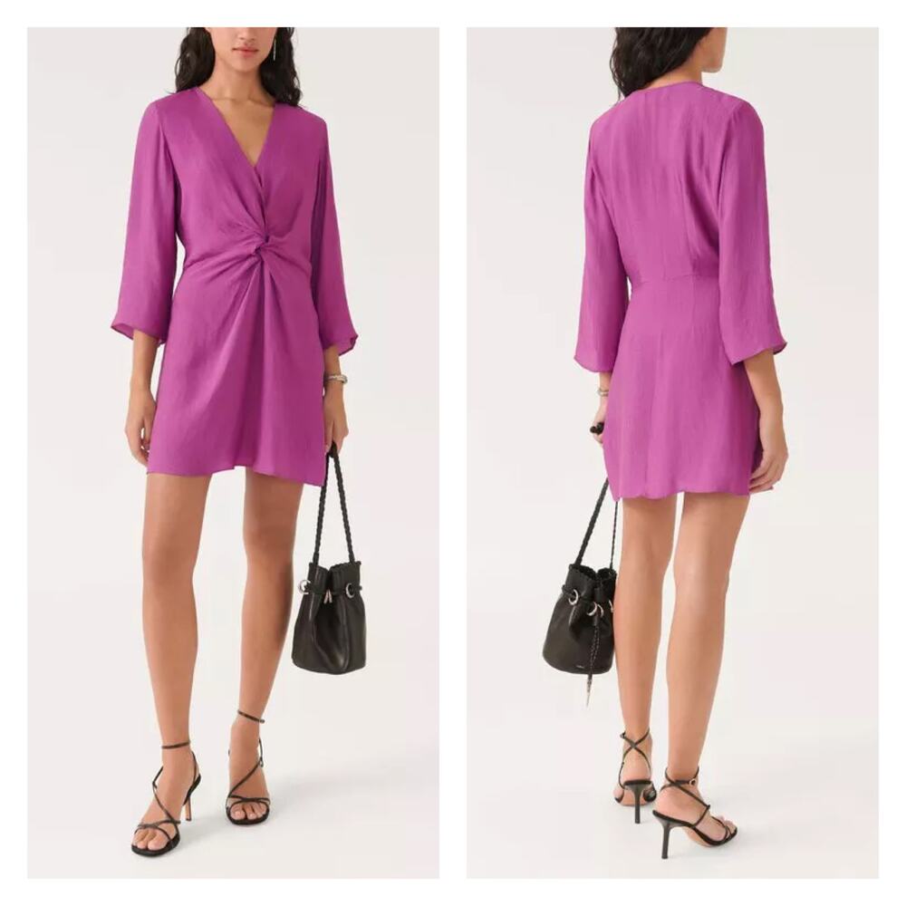 BA&SH Gothie Dress Women Small Purple 3/4 Sleeve Twist Front Mini Textured Vneck